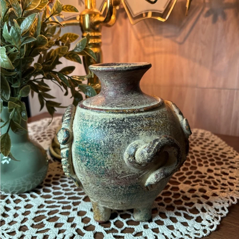 Vintage Thai Earthenware Elephant Vase in Distressed Green and Brown Terracotta